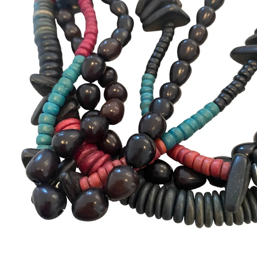 Wooden tribal multi strand multicolor necklace black red 11”